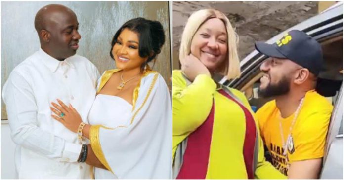 A collage picture of Mercy Aigbe with Hubby Adekaz, and Judy Austin with Hubby Yul Edochie