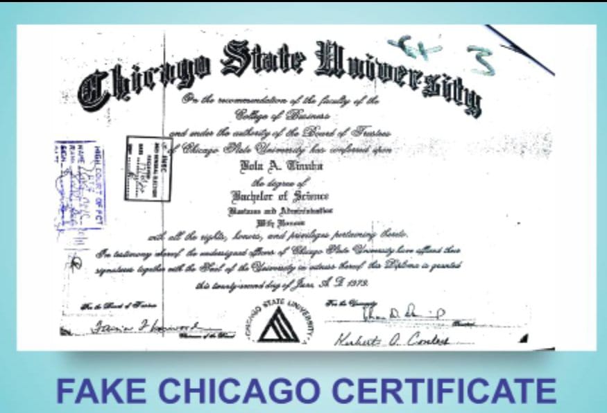 Fake Chicago State University Certificate Issued to INEC by President Tinubu