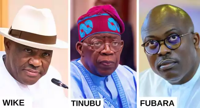 A collage picture of President Tinubu flanked on his right by former Governor of Rivers State, Nyesom Wike, and on his right by the incumbent Governor Simi Fubara of Rivers State