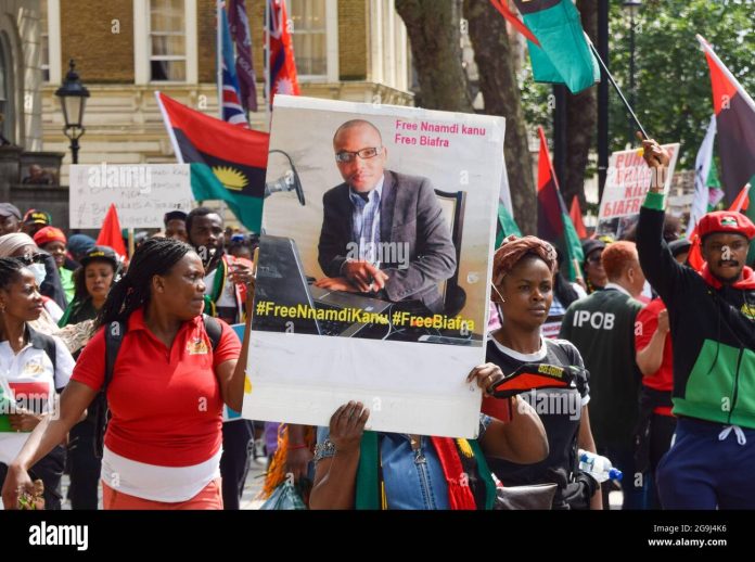 London, July 2023, IPOB members demanding the release of their leader, Mazi Nnamdi Kanu