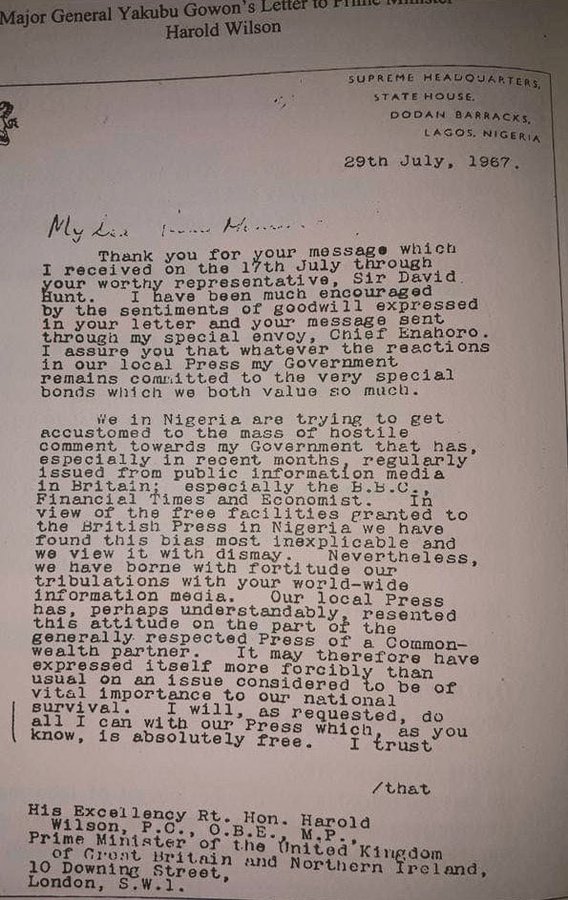 This letter allegedly written by Retired General Yakubu Gowon to the then British Prime Minister, Harold Wilson, requesting him to intervene and prevent the BBC, Financial Times, and The Economist from reporting the genuine situation in Biafra. This request was made in return for oil supplies as these media outlets were seen as aiding the Nigerian Army by providing arms. 