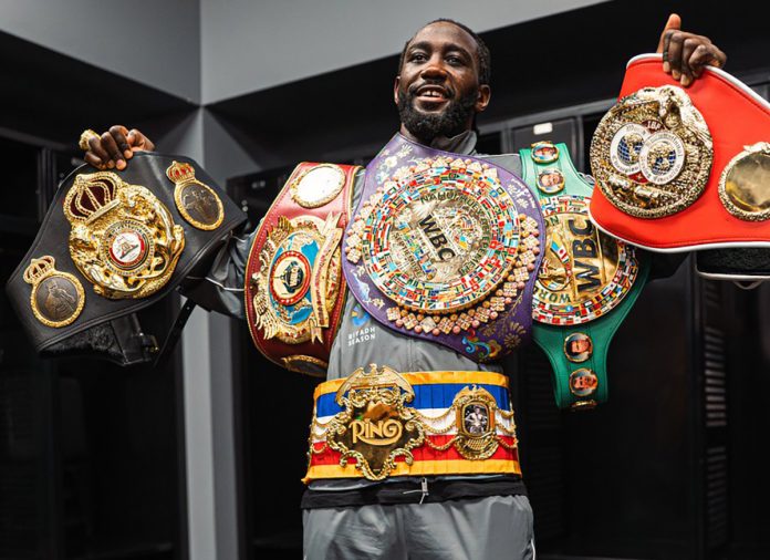 The 3-Time and Ring Magazine Undisputed Super Middleweight Champion of the world, Terence Bud Crawford displaying his Belts and Ring.