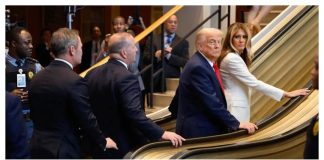 What Would Peter Obi Have Said If An Elevator Malfunctioned In Nigeria While President Tinubu Was Using It? A collage picture of President Trump and his wife, Melanie Trump and his Security stock on the elevator at the UN General Assembly Building and Mr. Peter Obi and done by Mr Reno Omokri
