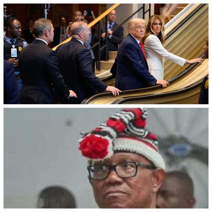 A collage picture of President Trump and his wife, Melanie Trump and his Security stock on the elevator at the UN General Assembly Building and Mr. Peter Obi and done by Mr Reno Omokri
