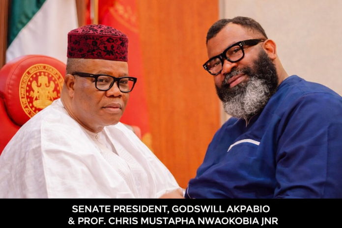A collage Image of Nigeria's Senate President Godswill Akpabio and Prof. Chris Mustapha Nwaokobia Jnr. - Convener COUNTRYFIRST MOVEMENT - A Good Governance Advocacy Group.